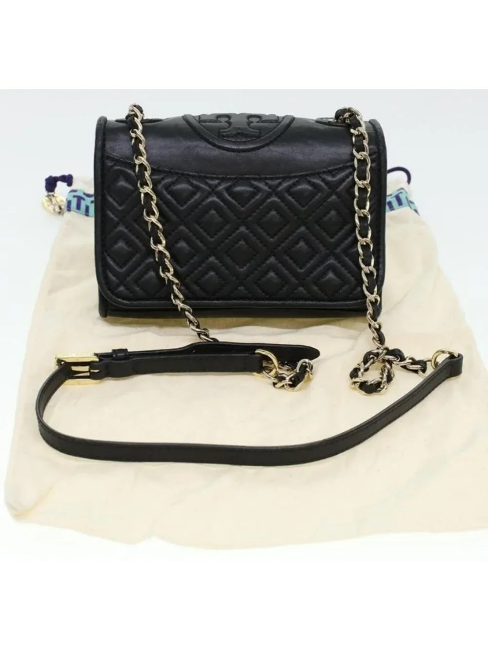 Authentic TORY BURCH Chain Shoulder Bag Leather Black